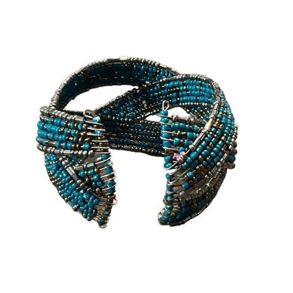 Vintage Turquoise And SilverBeaded Bracelet Clamp - Picture 4 of 7